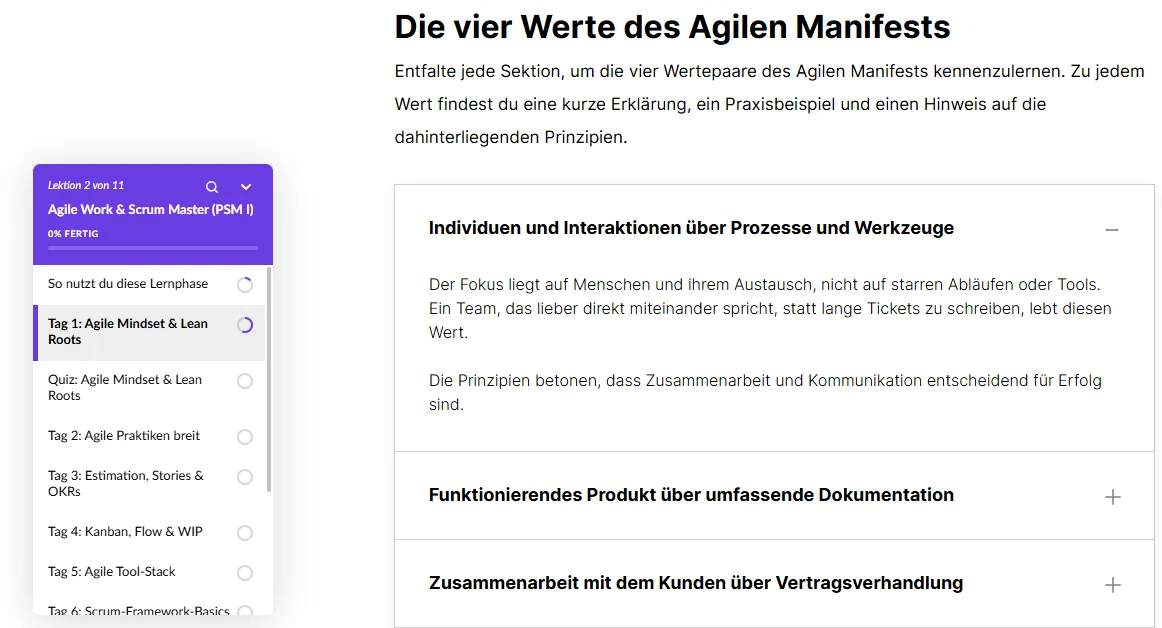Blick in eine Lektion der E-Learning-Demo „Agile Work & Scrum Master“