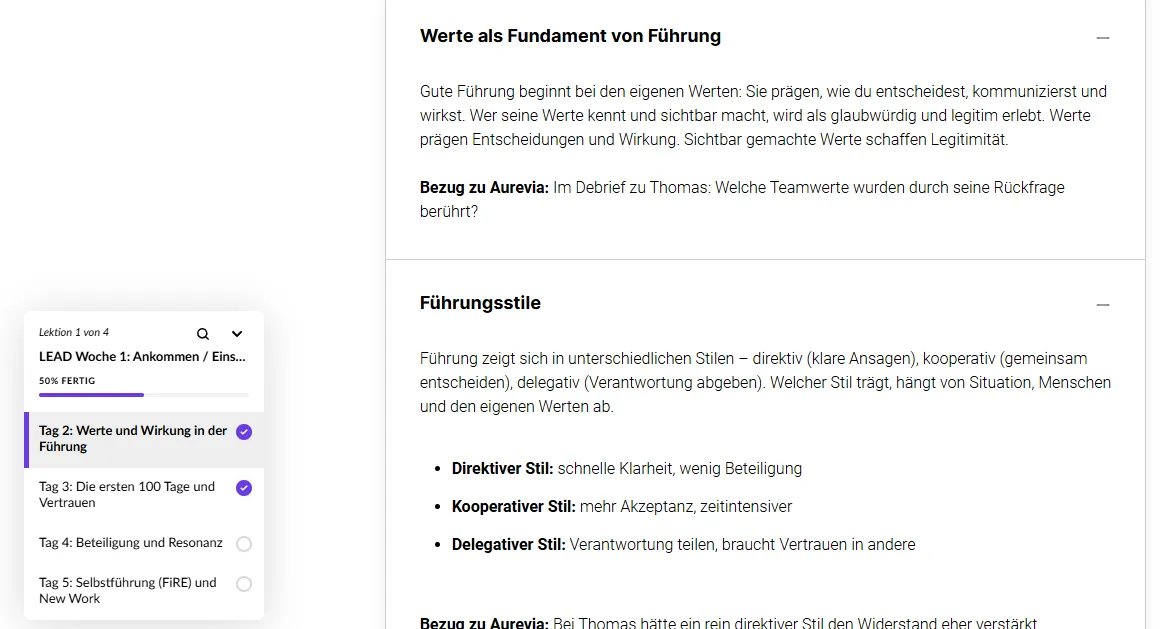 Blick in eine Lektion der E-Learning-Demo „LEAD – Leadership Journey“