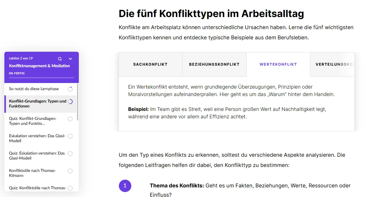 Blick in eine Lektion der E-Learning-Demo „Konfliktmanagement & Mediation“