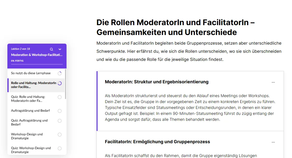 Blick in eine Lektion der E-Learning-Demo „Moderation & Workshop-Facilitation“