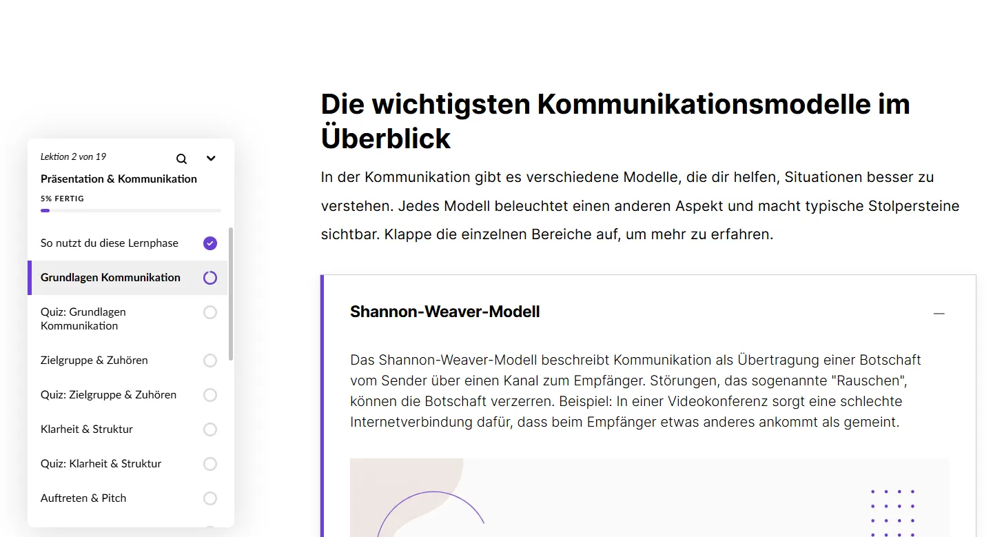 Blick in eine Lektion der E-Learning-Demo „Präsentation & Kommunikation“