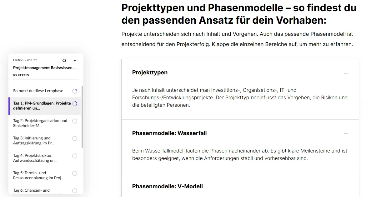 Blick in eine Lektion der E-Learning-Demo „Projektmanagement Basis nach GPM“
