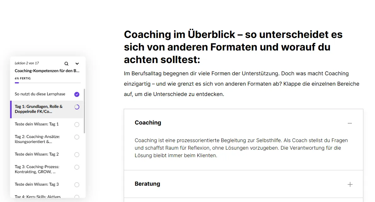 Blick in eine Lektion der E-Learning-Demo „Coachingkompetenzen für den Berufsalltag nach QRC“