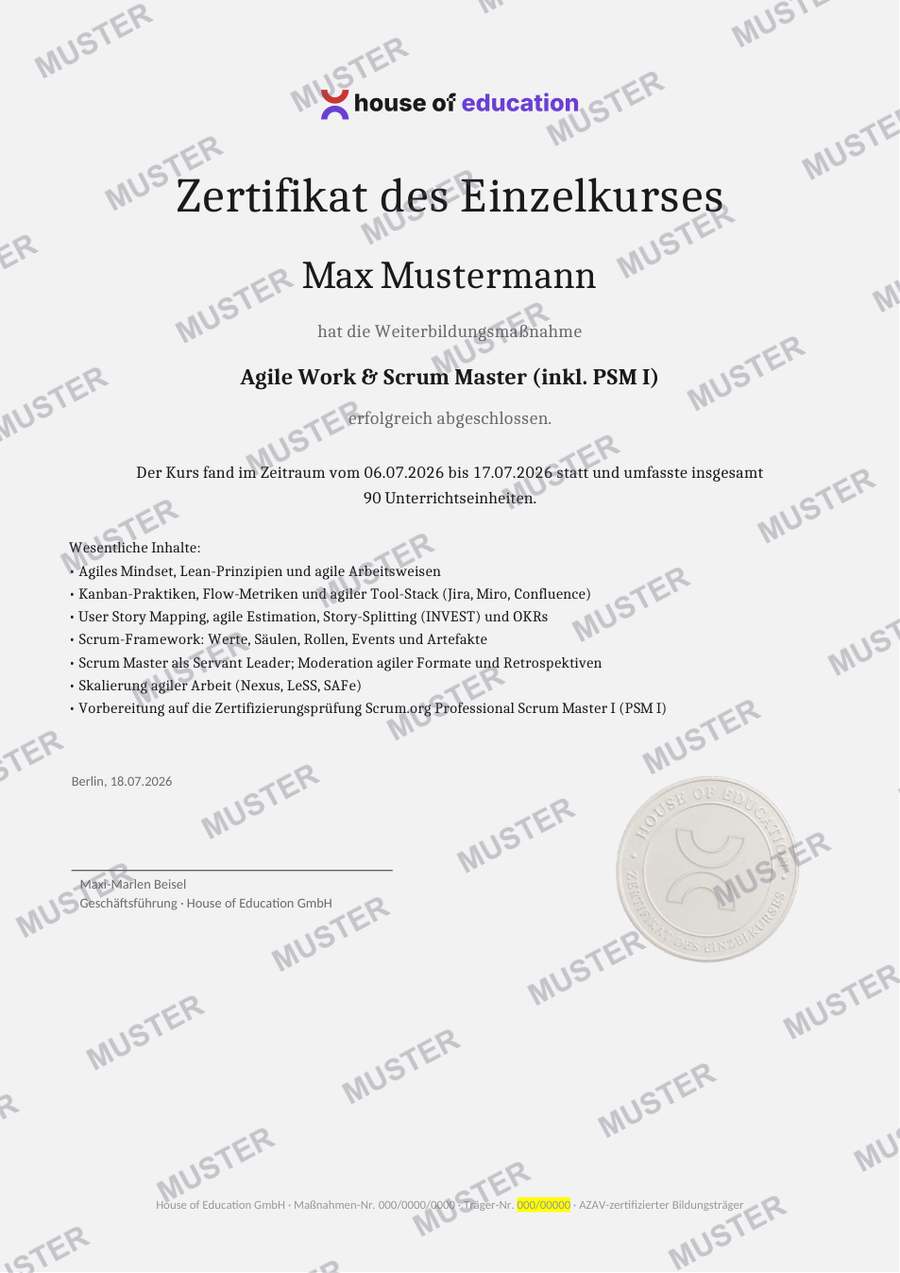Beispiel House of Education Kurs-Zertifikat