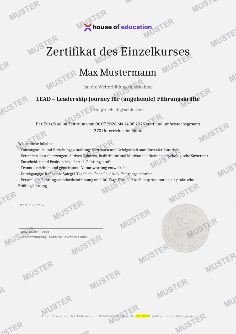 Beispiel House of Education Kurs-Zertifikat (MUSTER)