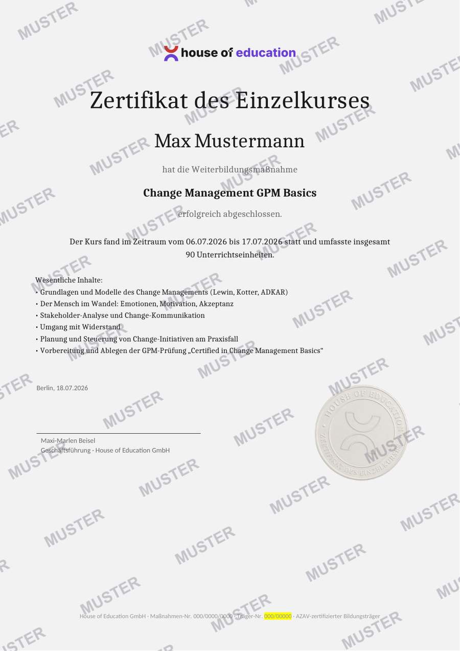 Beispiel House of Education Kurs-Zertifikat