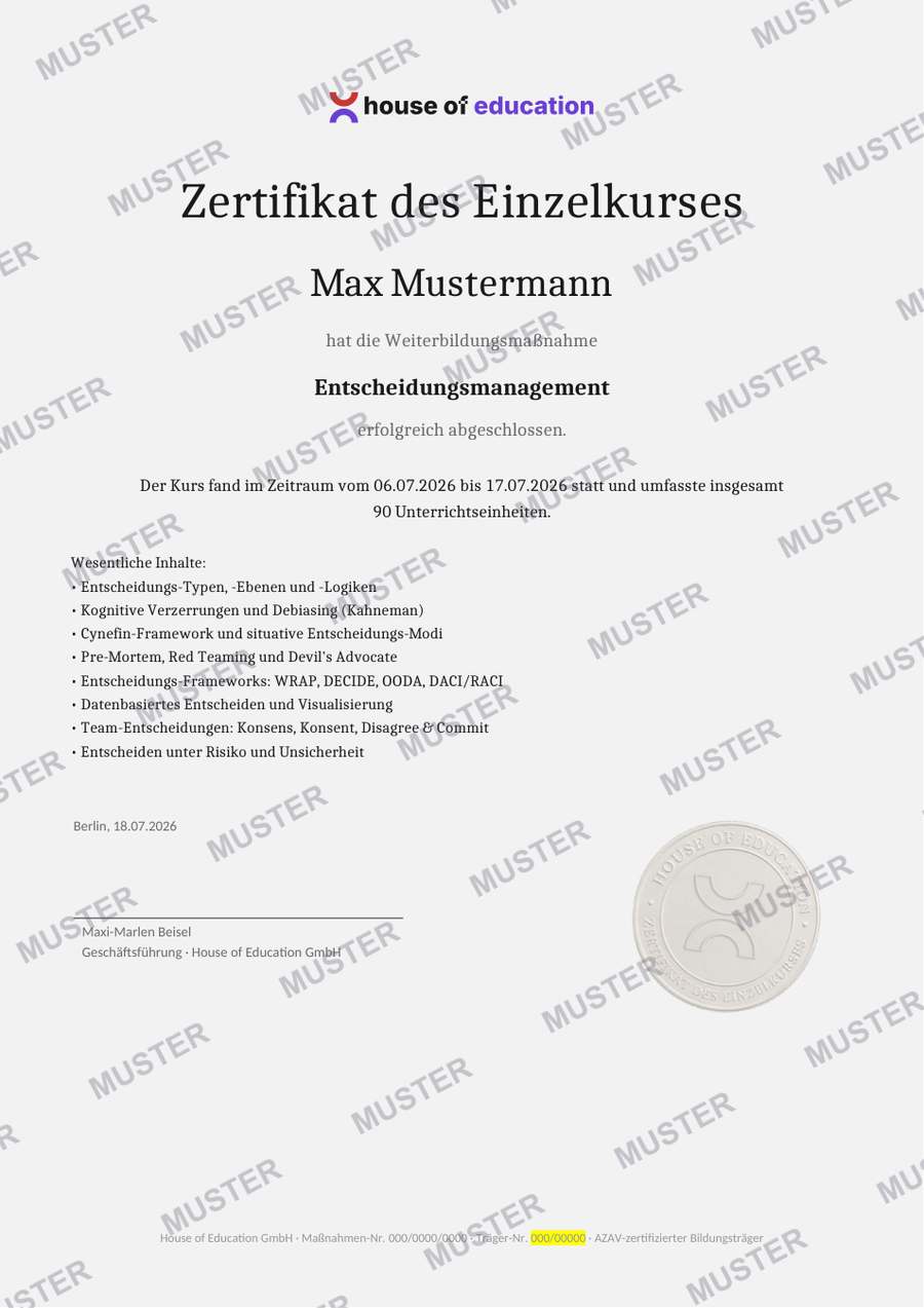 Beispiel House of Education Kurs-Zertifikat (MUSTER)