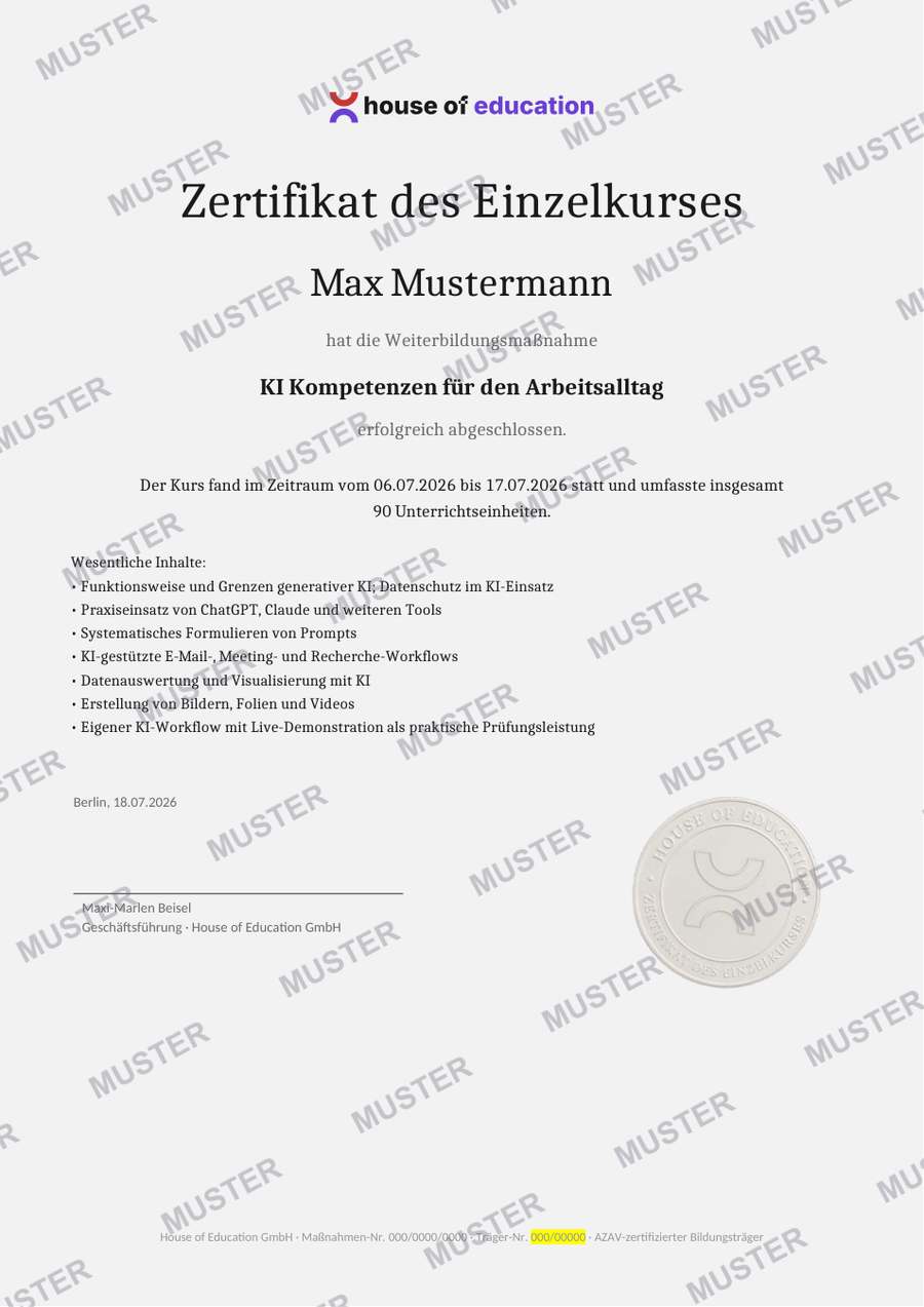 Beispiel House of Education Kurs-Zertifikat (MUSTER)