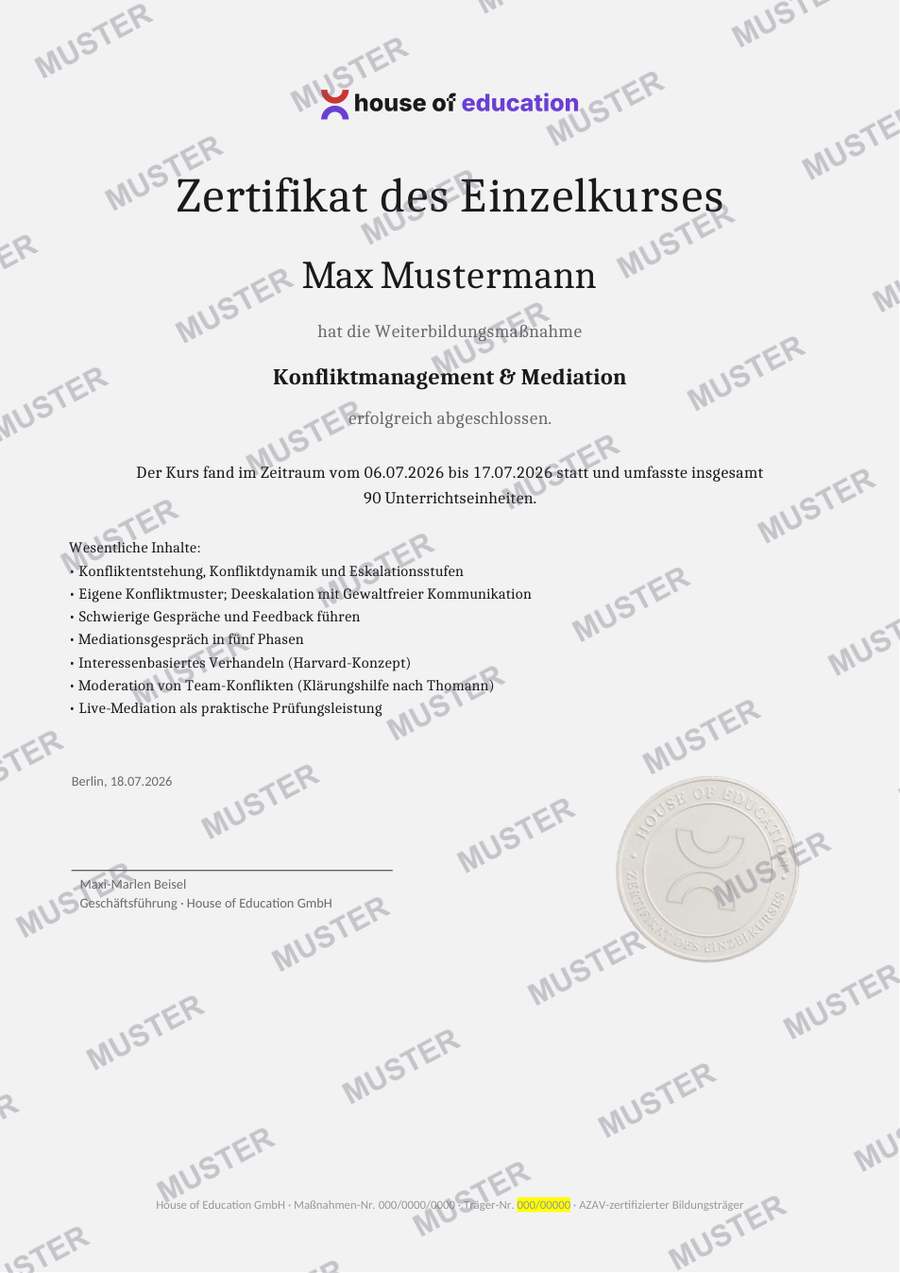 Beispiel House of Education Kurs-Zertifikat (MUSTER)