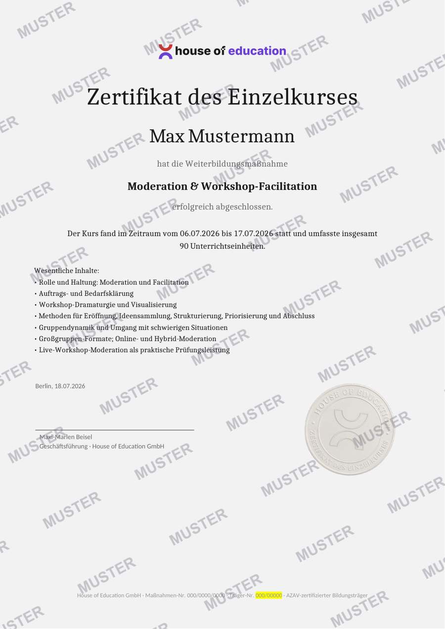 Beispiel House of Education Kurs-Zertifikat (MUSTER)