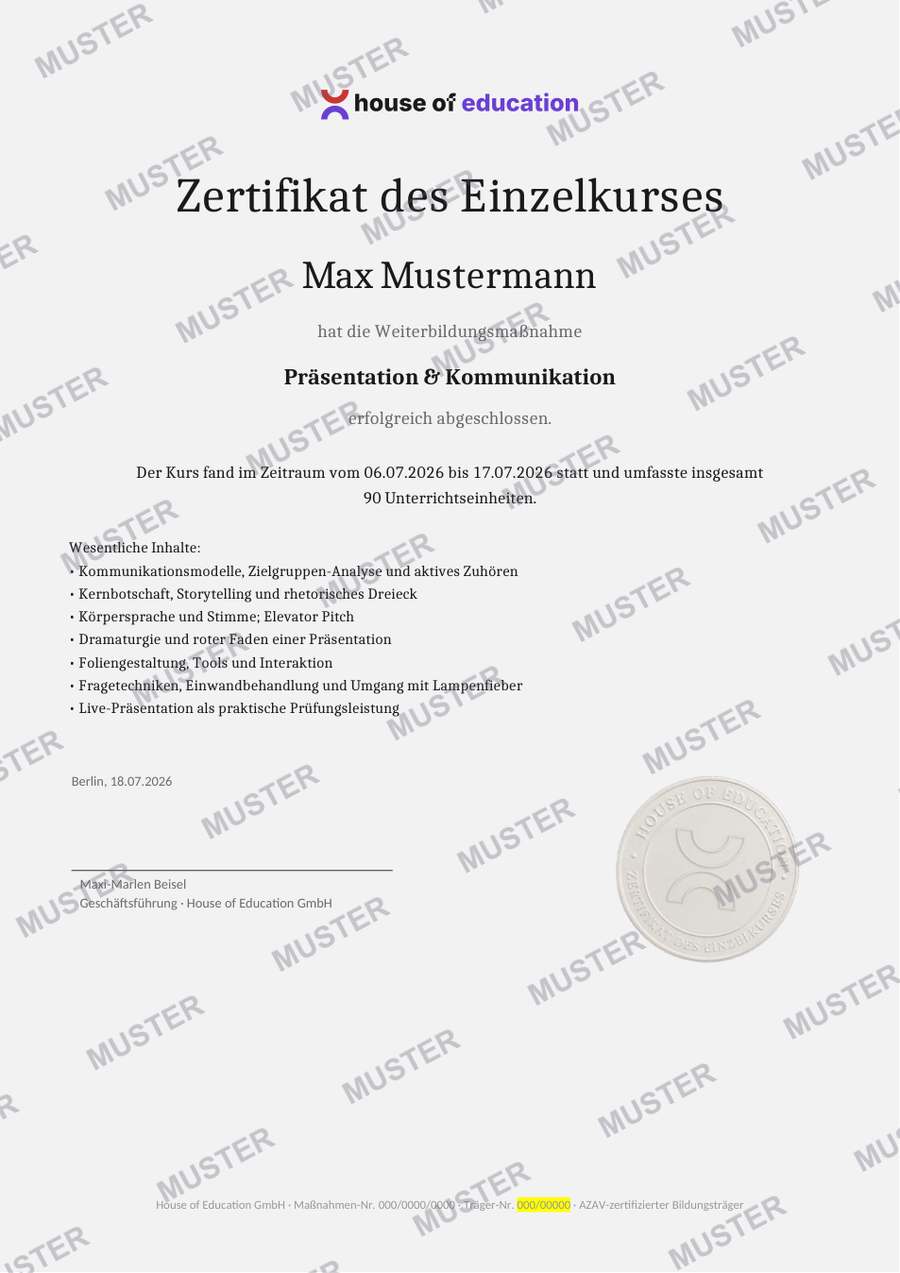 Beispiel House of Education Kurs-Zertifikat (MUSTER)