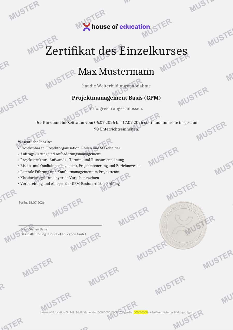 Beispiel House of Education Kurs-Zertifikat