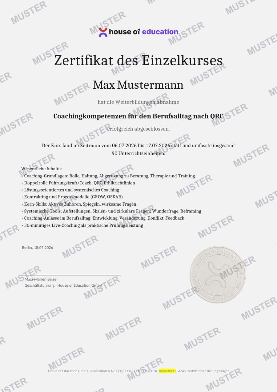 Beispiel House of Education Kurs-Zertifikat (MUSTER)