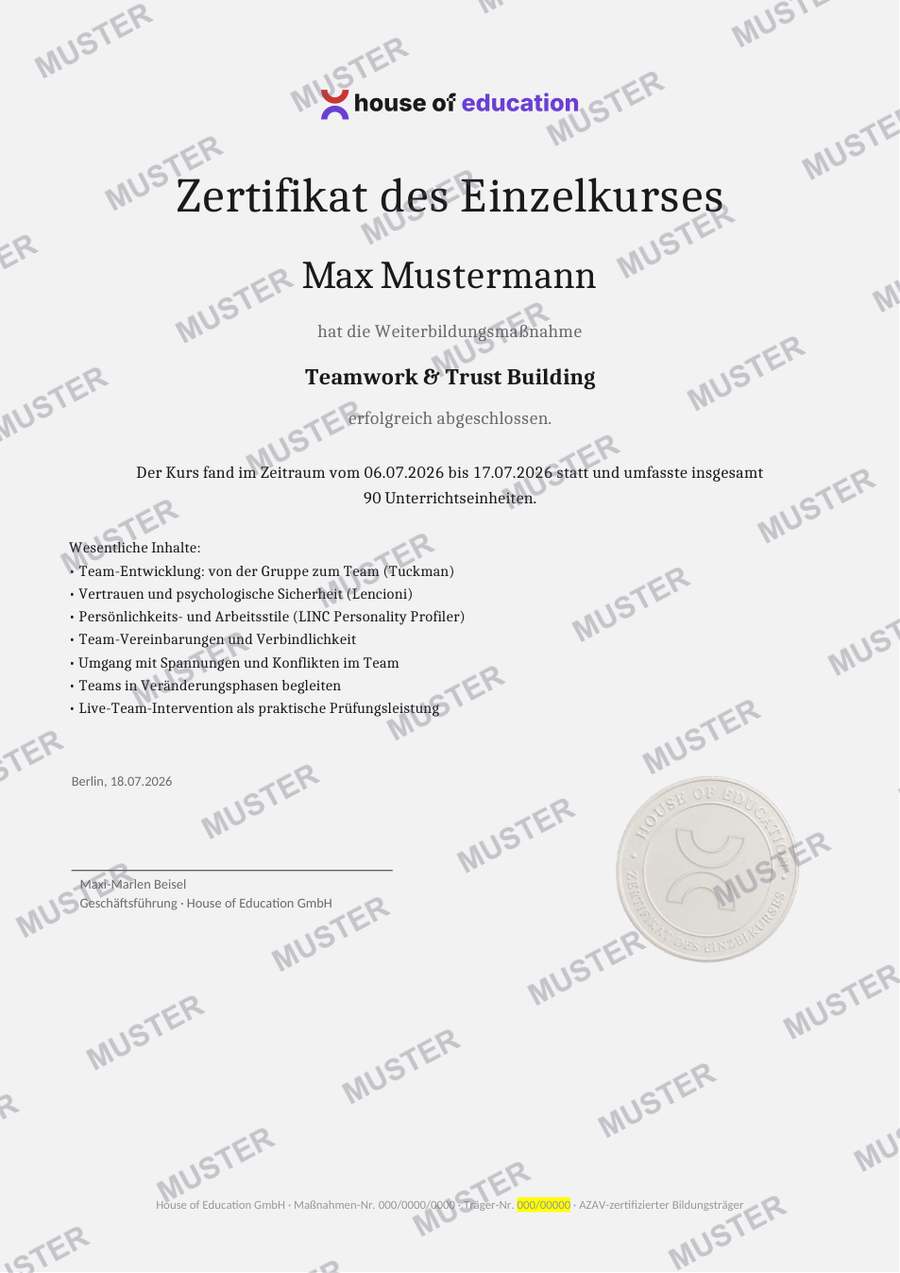 Beispiel House of Education Kurs-Zertifikat (MUSTER)